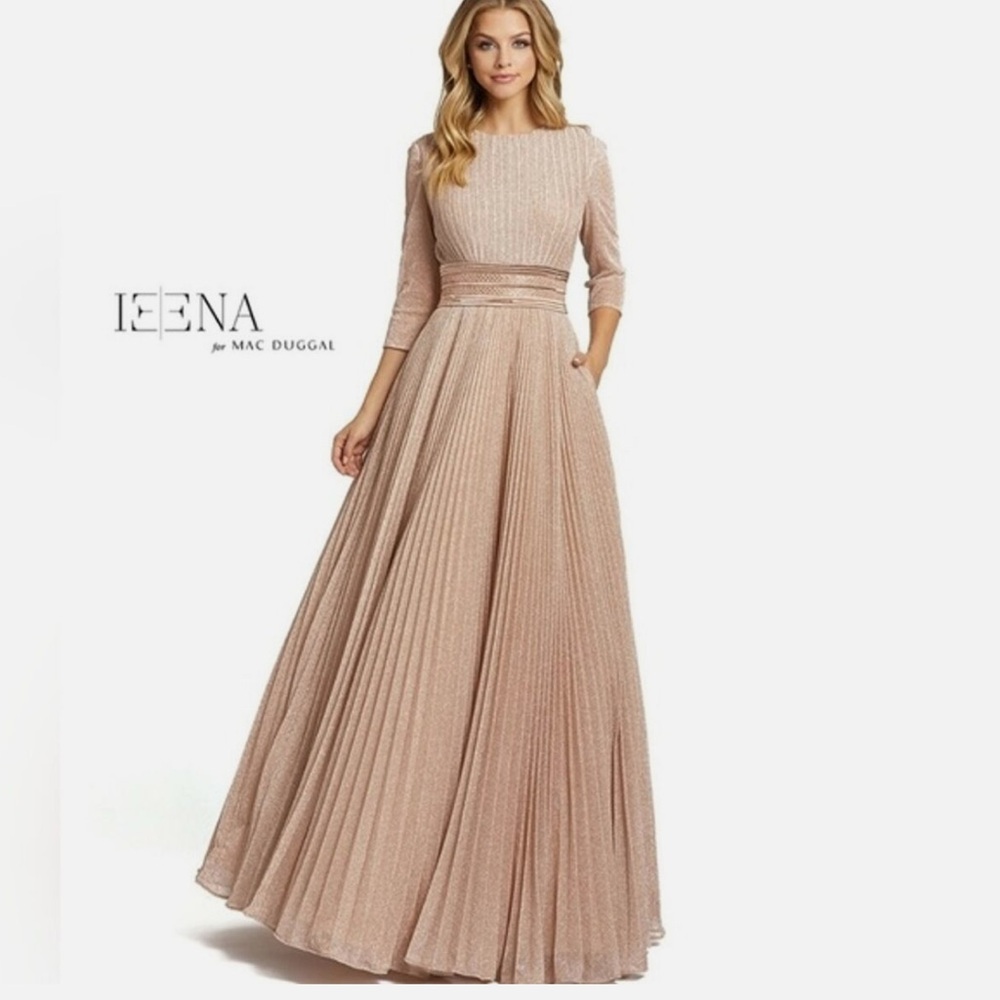 IEENA FOR MAC DUGGAL Sz 10 Rose Gold Accordian Pleated 3/4 Sleeve A-Line Gown NW